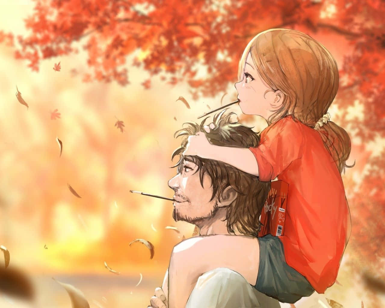 Fader og datter anime æstetisk under efterårets træ billed tapet.