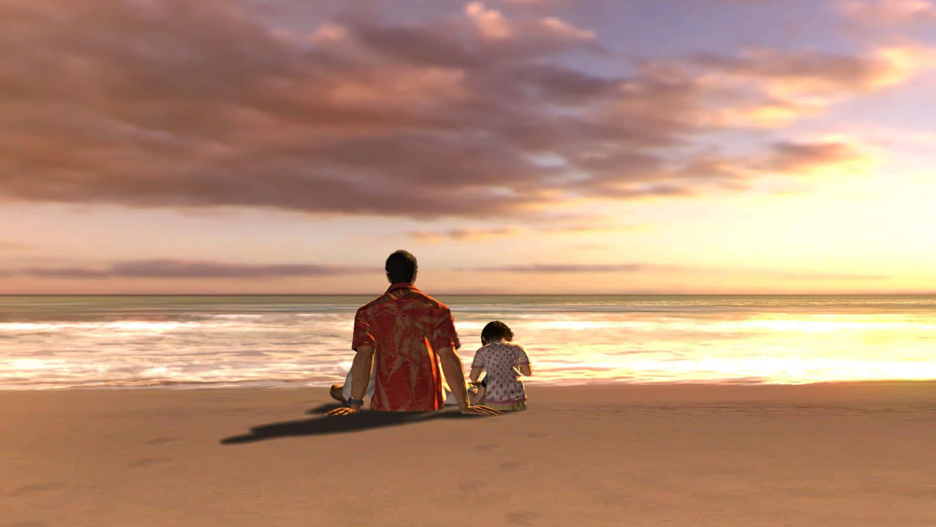 Far og datter ved stranden ser solnedgang billede