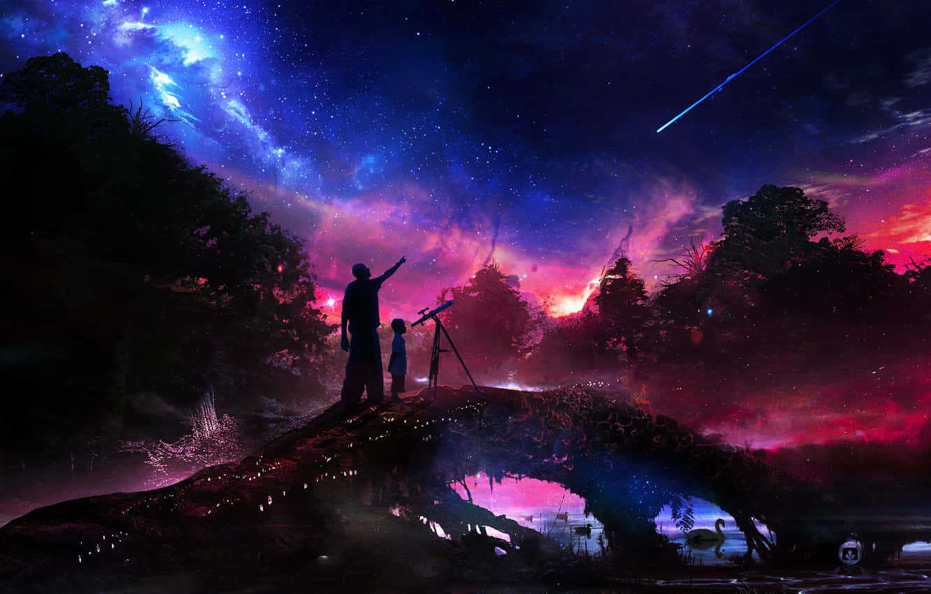 Father And Son In Blue And Pink Sky Astronomy Wallpaper