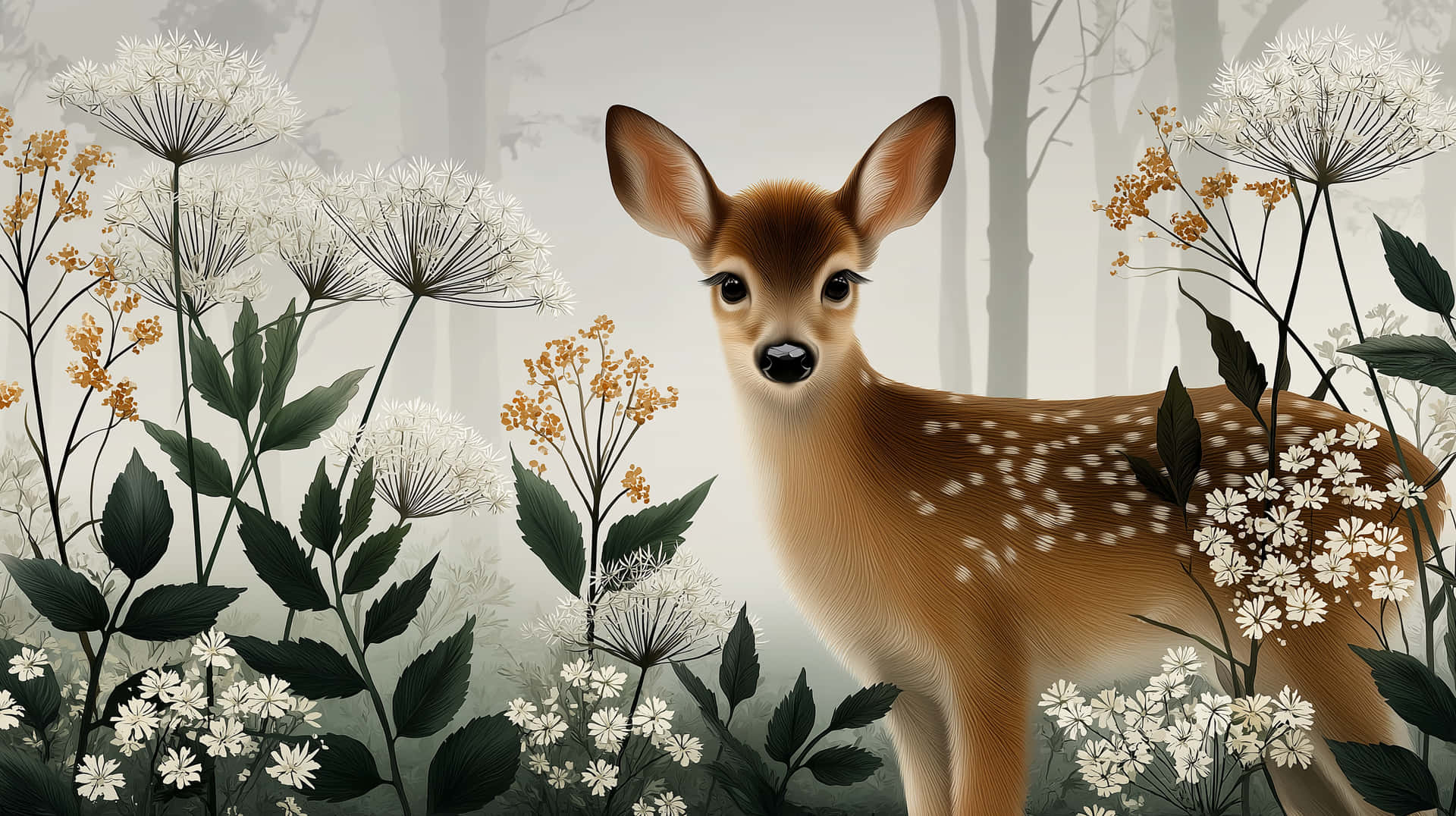 Fawn In A Gentle Forest Setting With Foliage And Flowers Wallpaper