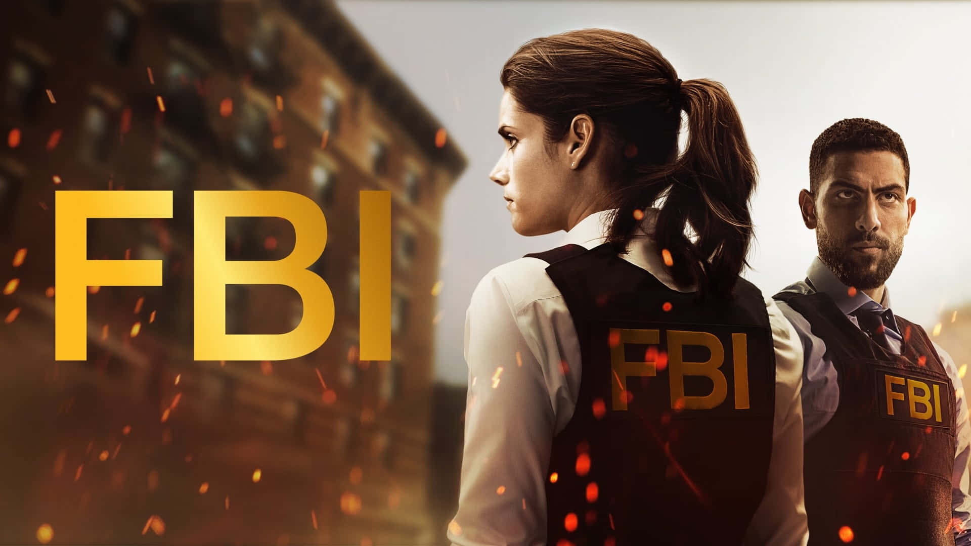 Fbi - A Man And Woman Standing In Front Of A City