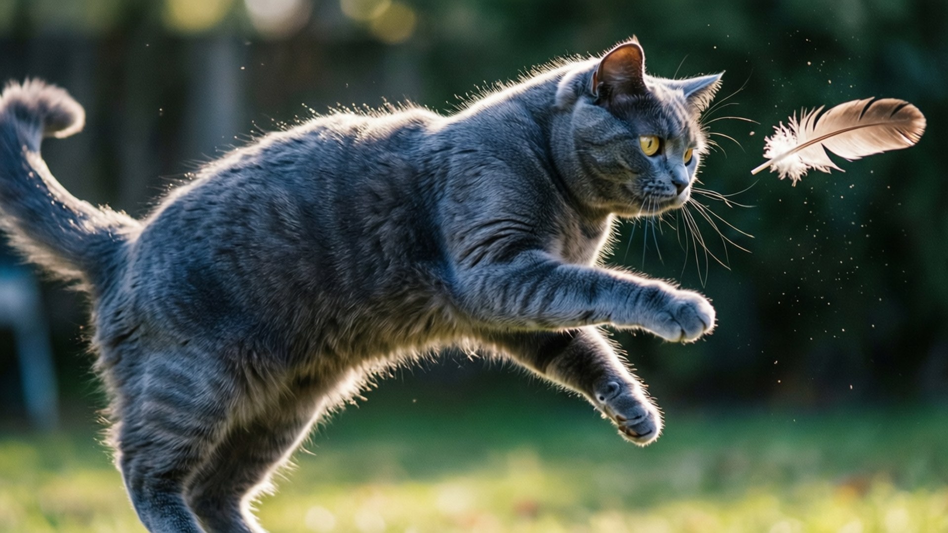 Gatto grigio che salta per catturare una piuma in un giardino soleggiato.