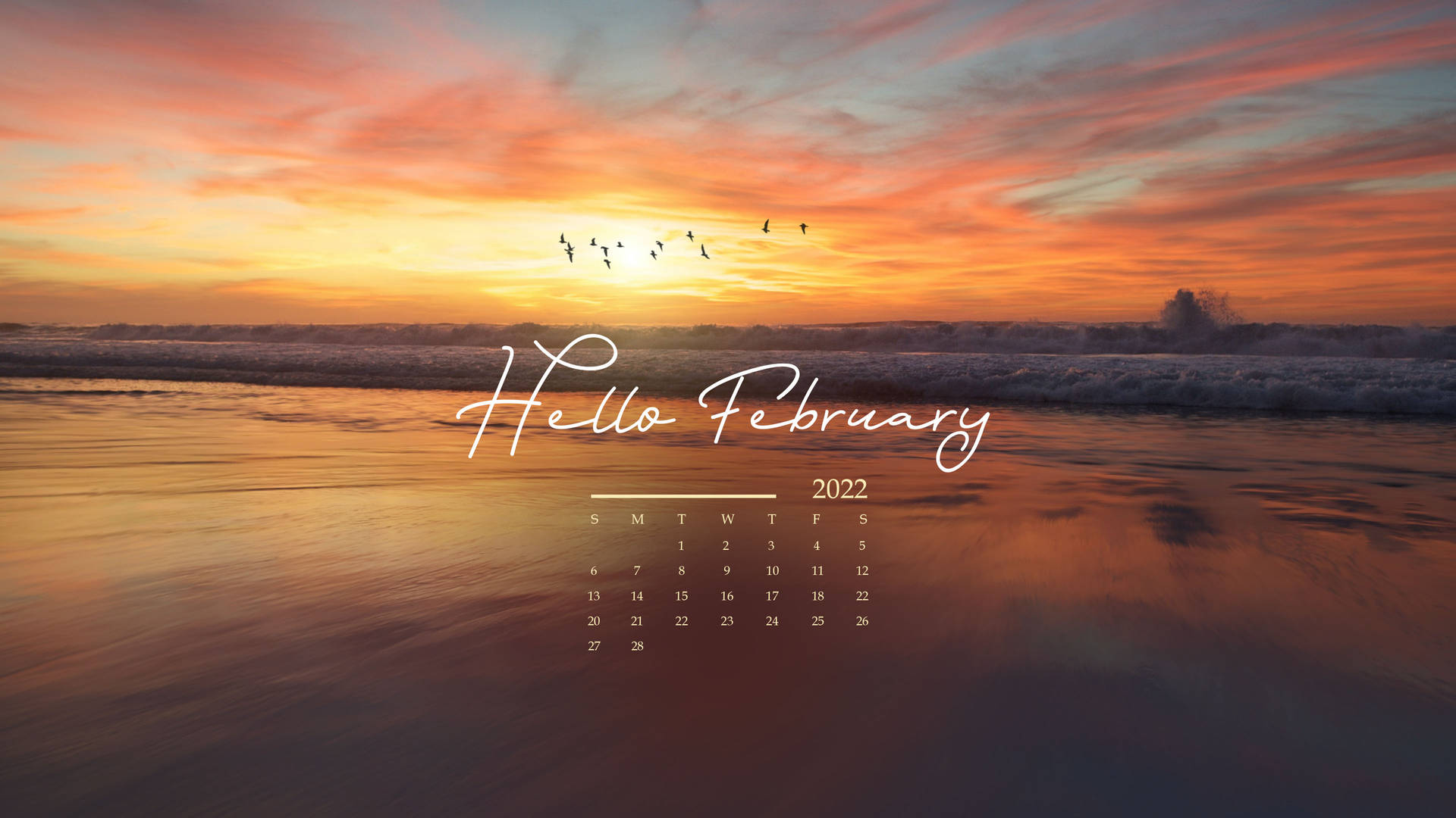 Calendariode Febrero 2022 Con Atardecer En La Playa Fondo de pantalla