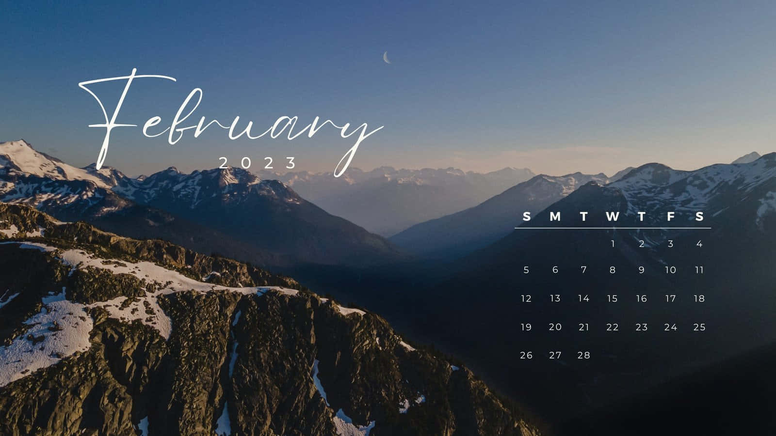 Snowy Mountain Tops 2023 February Calendar Wallpaper