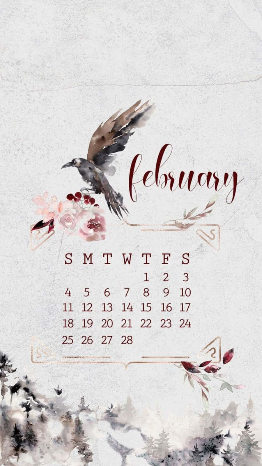 February Calendar Watercolor Perched Bird Wallpaper