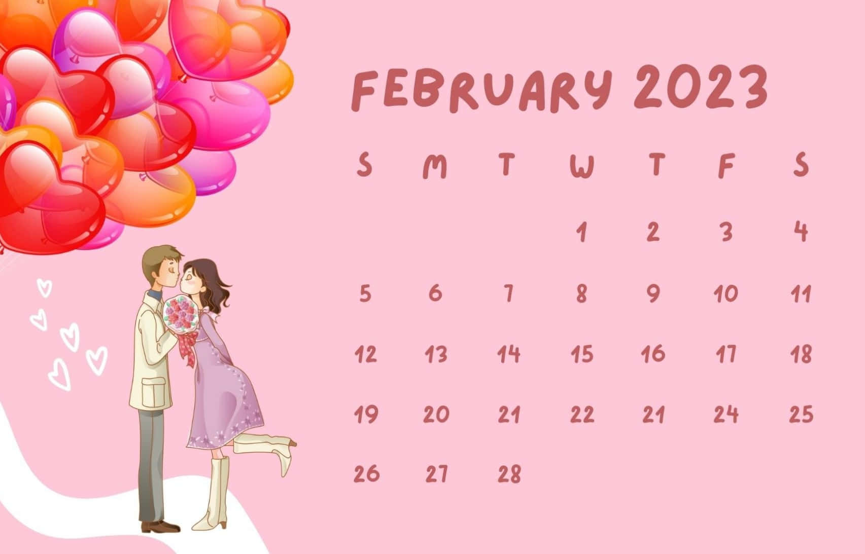 February 2020 Calendar With A Couple Holding Balloons Wallpaper