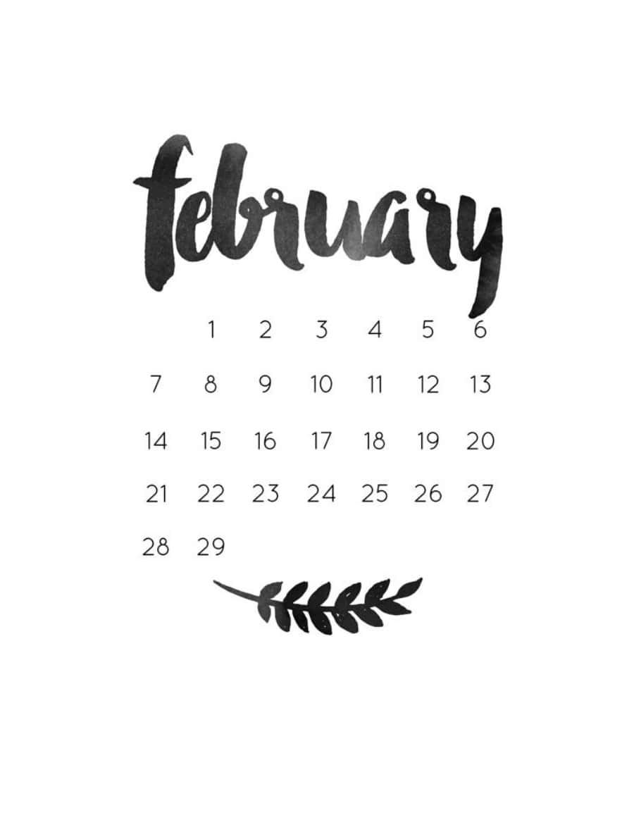 February Calendar With Black And White Leaves Wallpaper