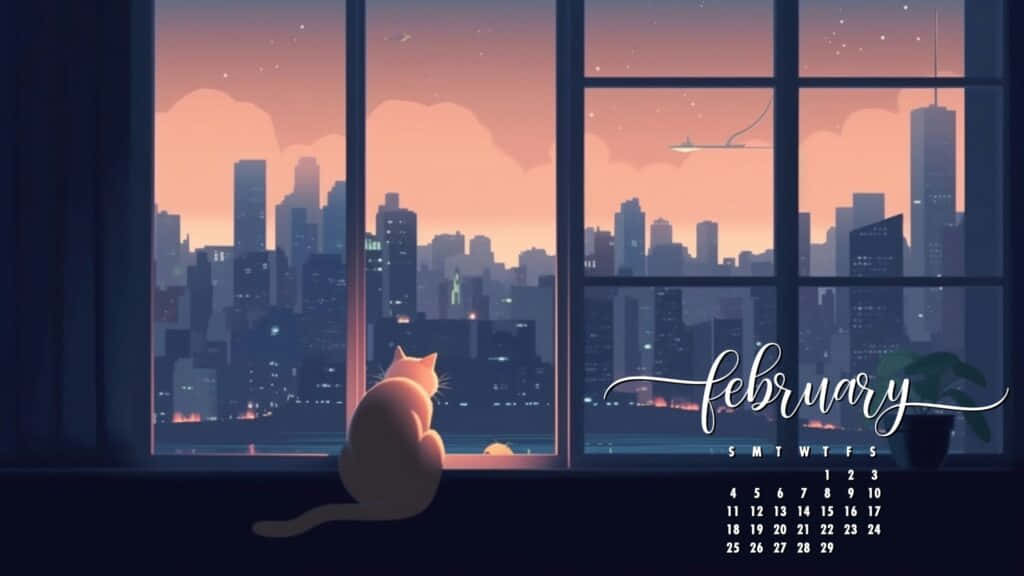 February Cityscape Cat Window Aesthetic Wallpaper