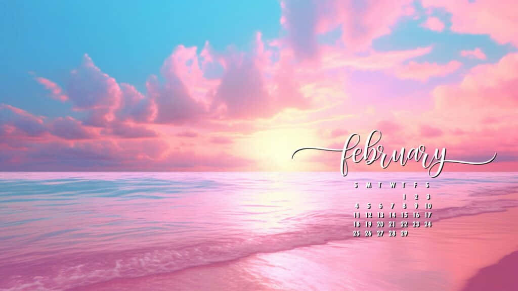 February Pink Beach Sunset Calendar Wallpaper