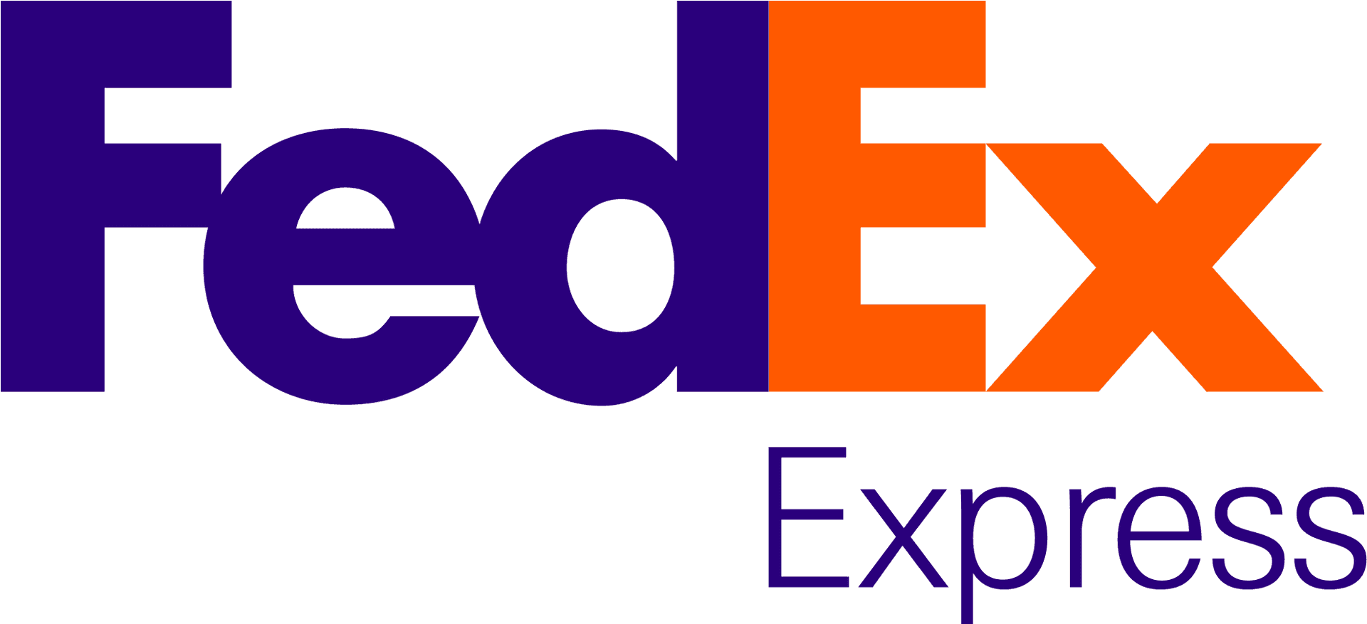 Fed Ex_ Express_ Logo PNG — The FedEx logo with purple and orange text on black background featuring a hidden arrow between E and X