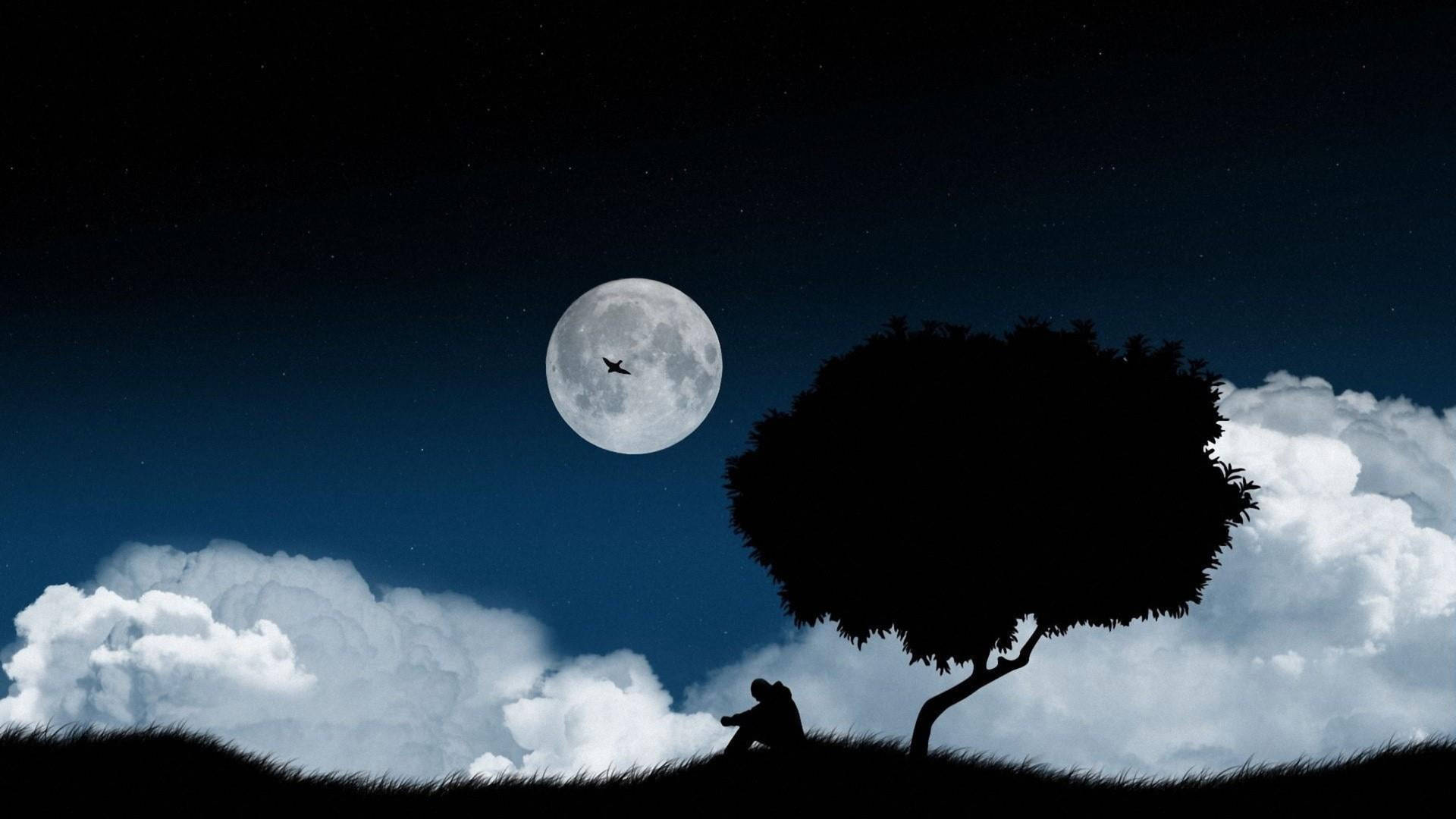 Feeling Alone By Tree And Moon Background