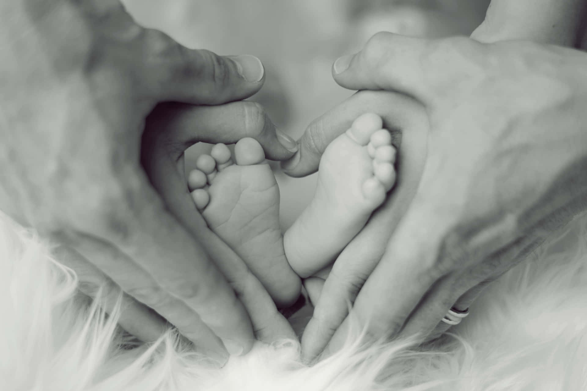 Etsort-hvid Foto Af Et Par, Der Holder Hinandens Hænder Med Deres Babys Fødder.