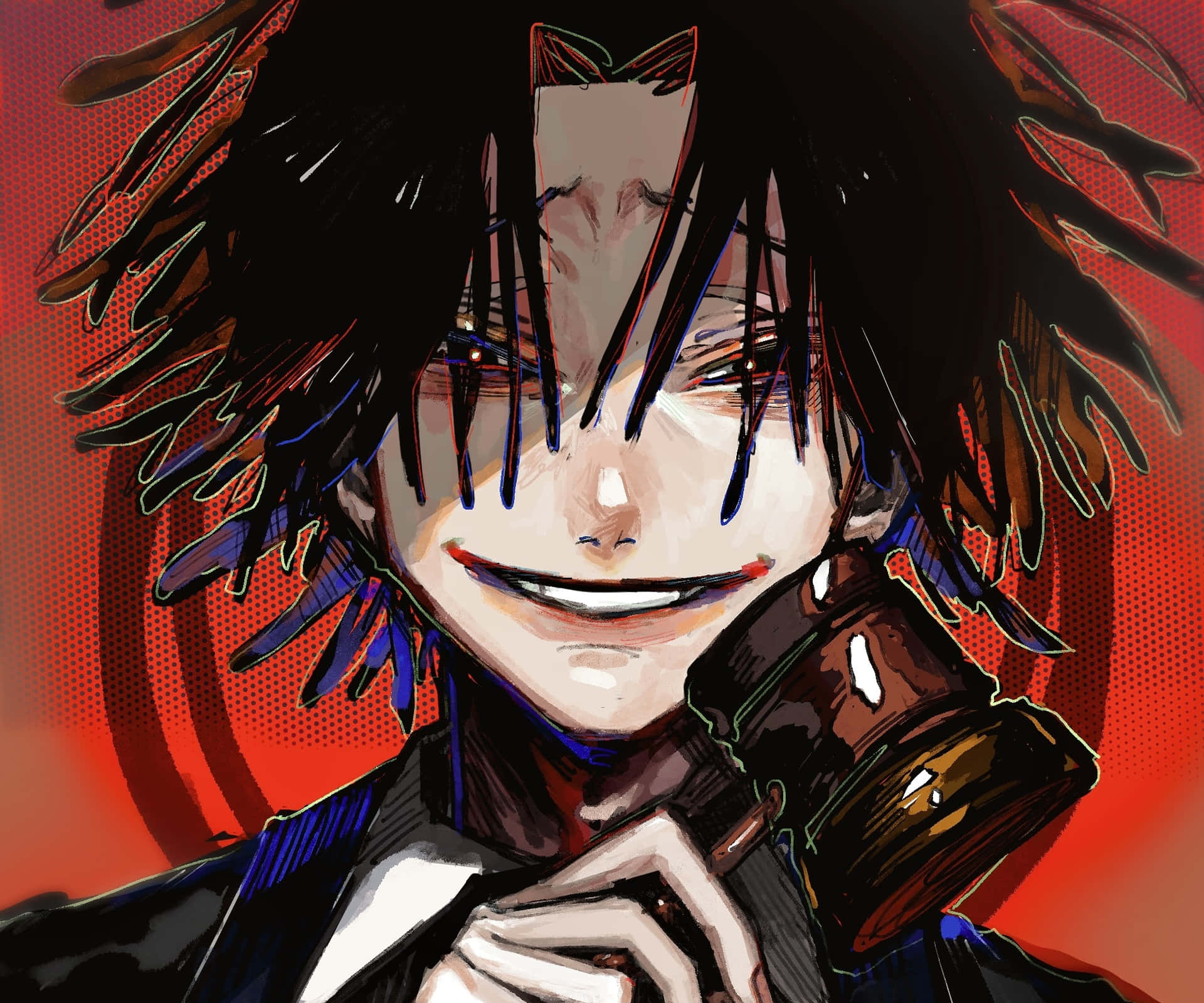 En karakter med sort hår og et rødt baggrund Wallpaper