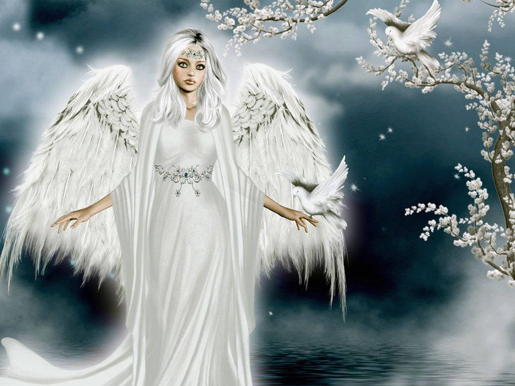 Kvindelige engle i himlen fugle blomster Wallpaper