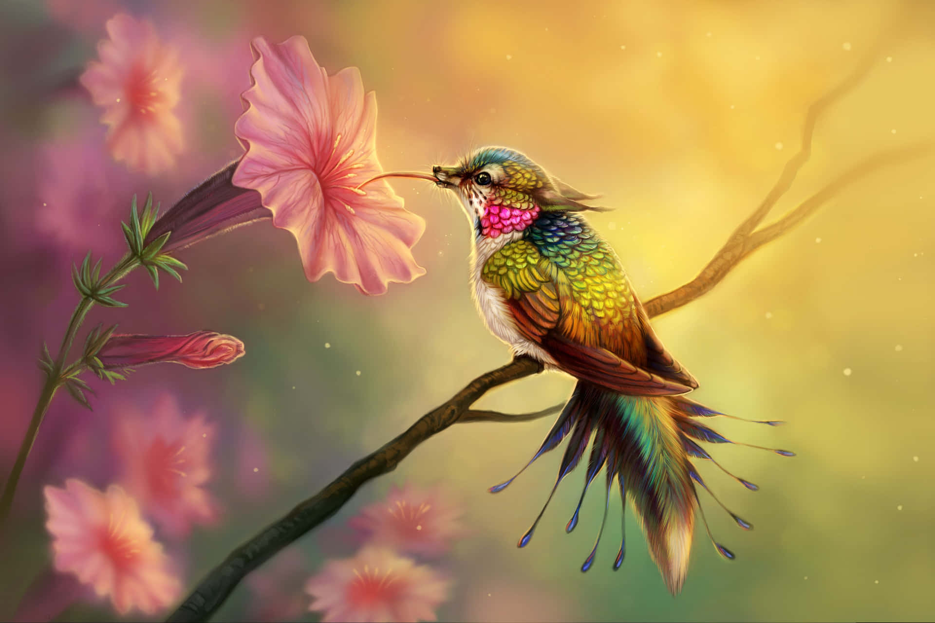 En kvindelig rubinhalset kolibri holder en pause for at tage et slurk nektar.