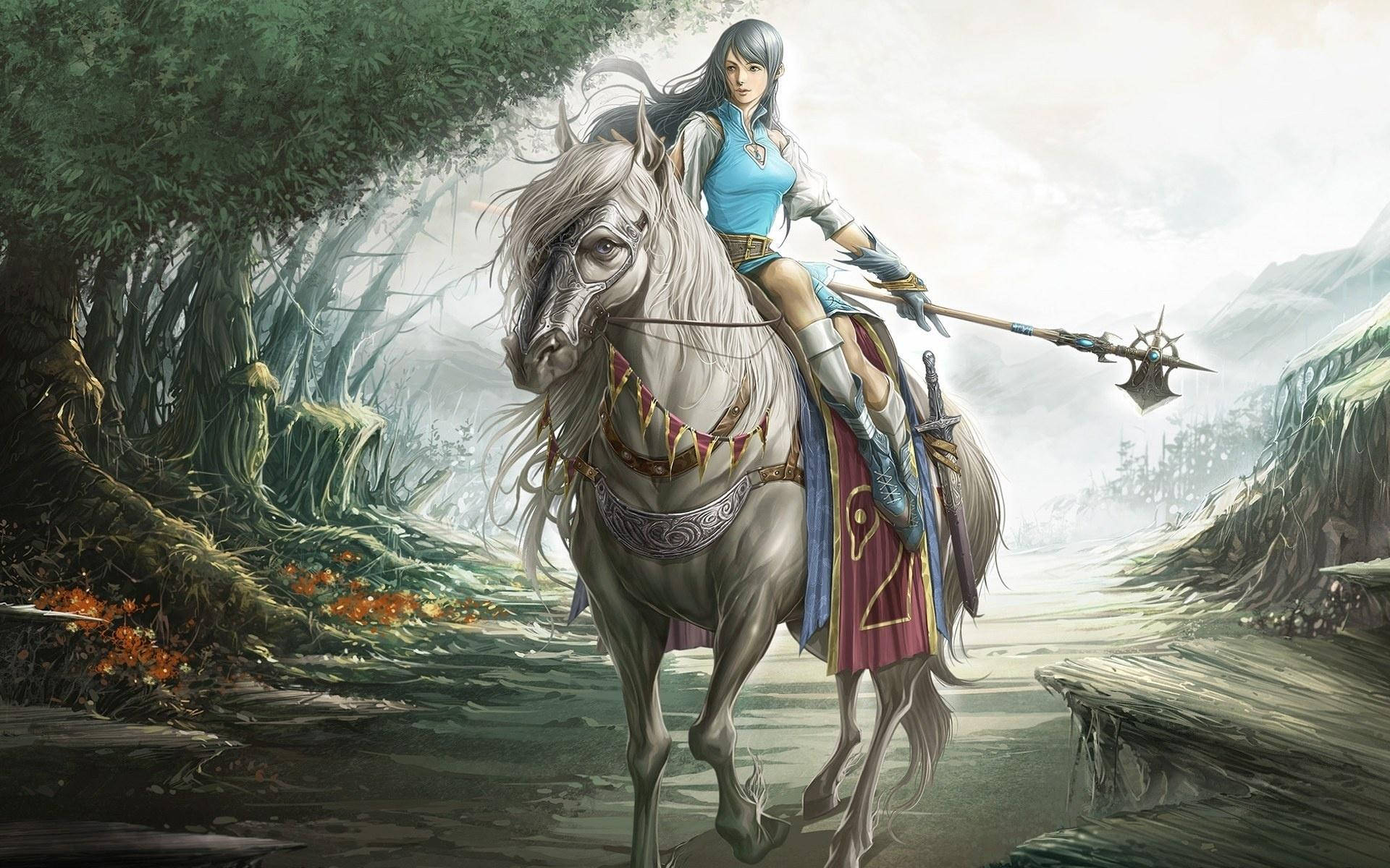 Cavaleirafeminina Em Cavalo Branco. Papel de Parede