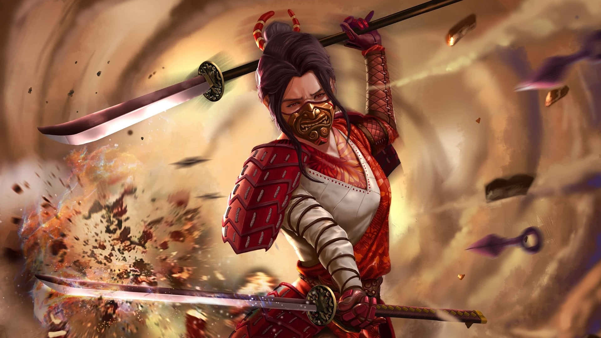 Fearless Female Samurai in Battle Pose Wallpaper