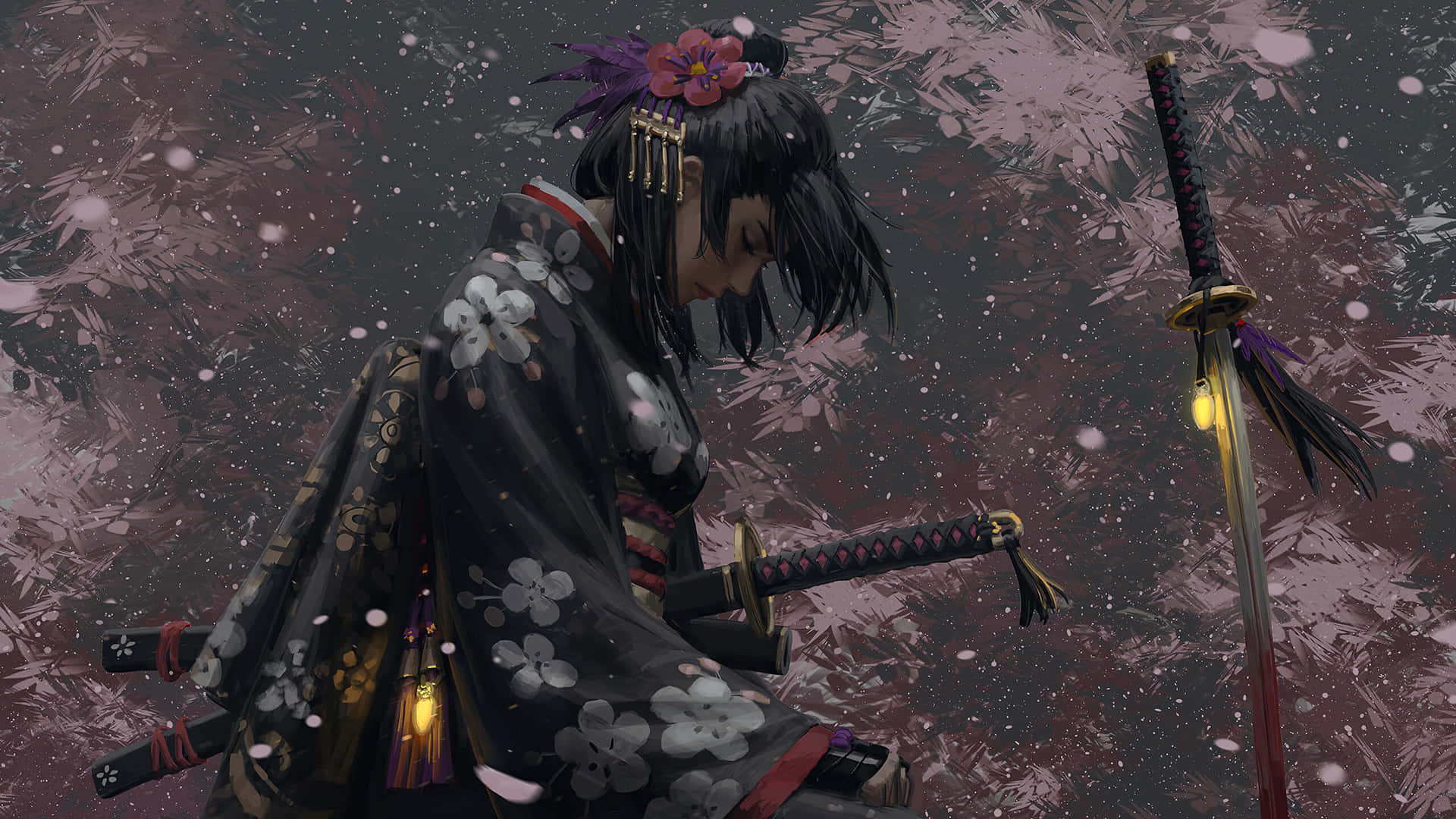 Female Samurai in Battle Stance Wallpaper
