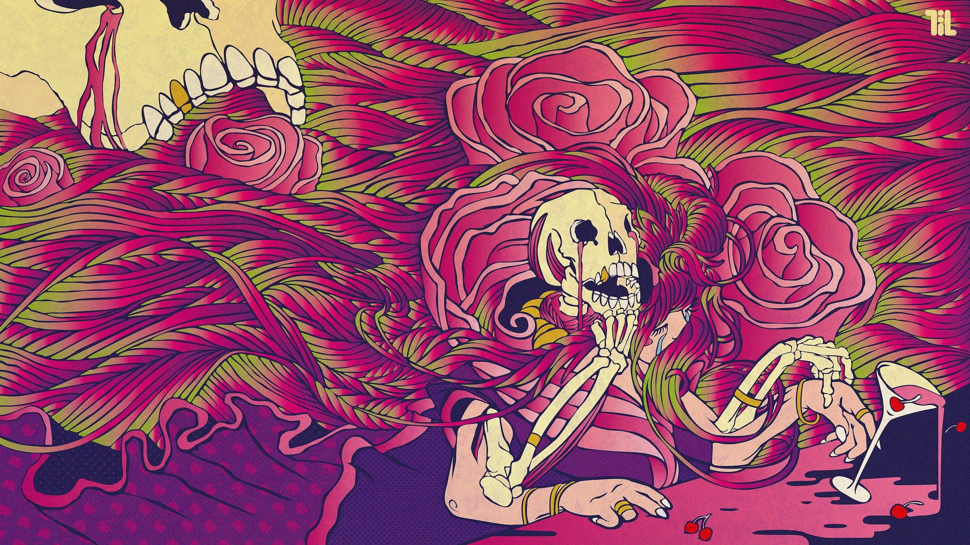Psychedelic art of female skeleton drinking wine with pink roses wallpaper. 