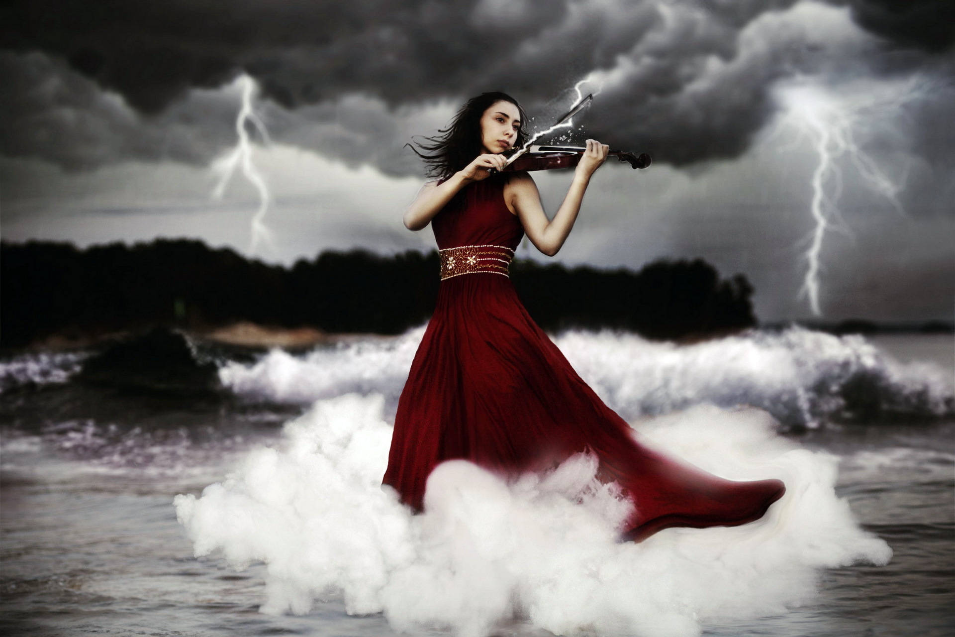 Female violinist lightning fantasy art wallpaper.
