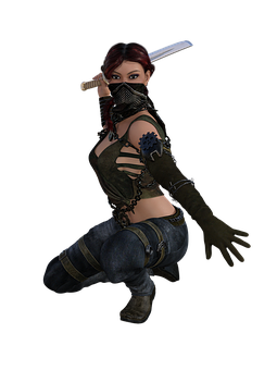 Female_ Warrior_ Crouching_ With_ Sword PNG