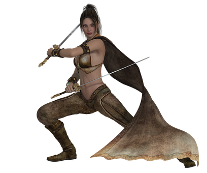 Female Warrior Dual Swords Action Pose PNG