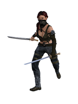 Female Warrior Dual Swords Black Background PNG