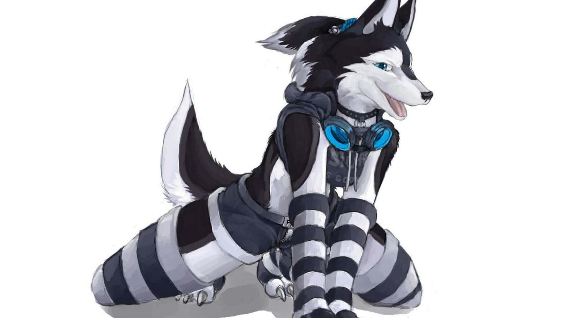 A Wolf With Blue And Black Stripes Sitting Down Wallpaper