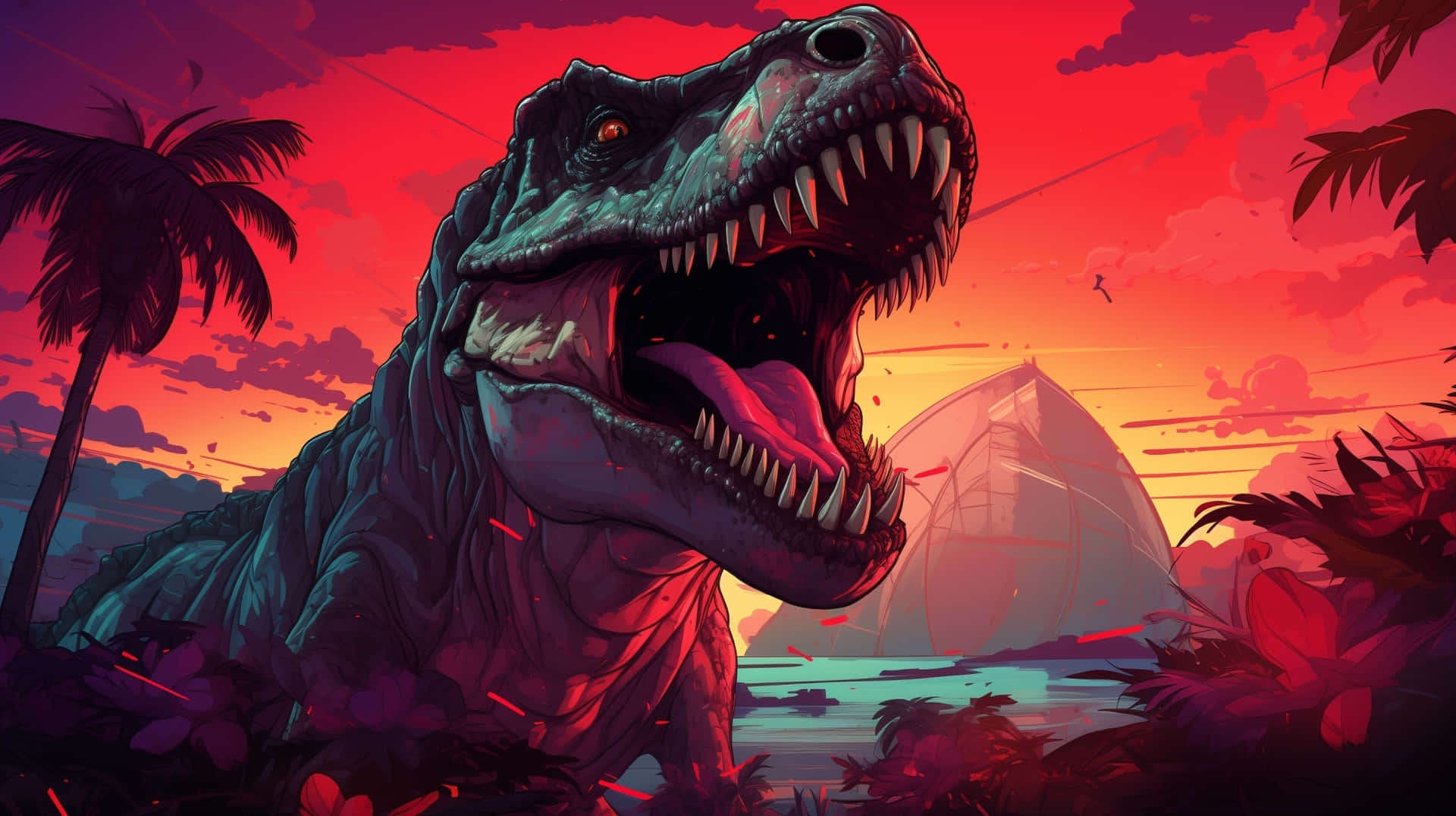 Ferocious Dinosaur Sunset Wallpaper