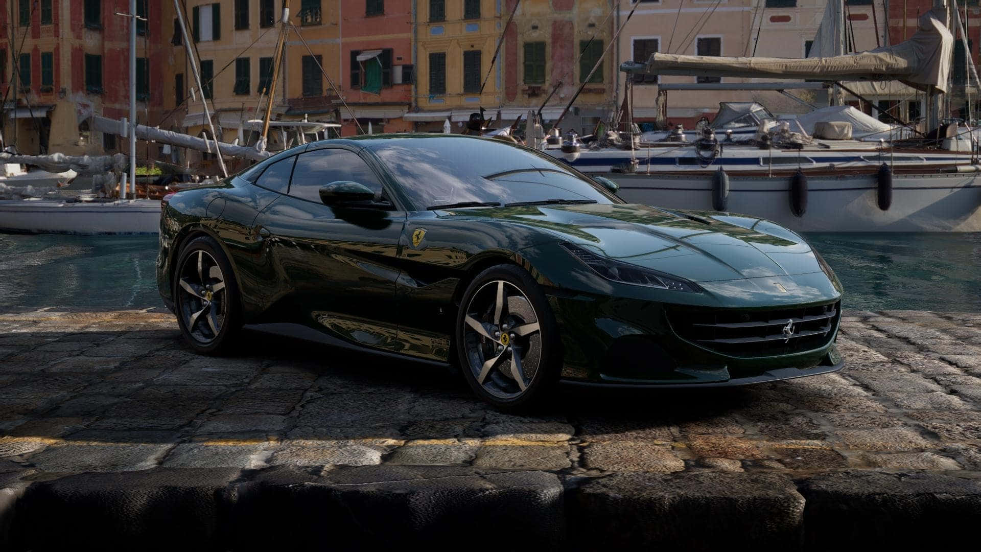 Sleek Ferrari Portofino Cruising on the Road Wallpaper