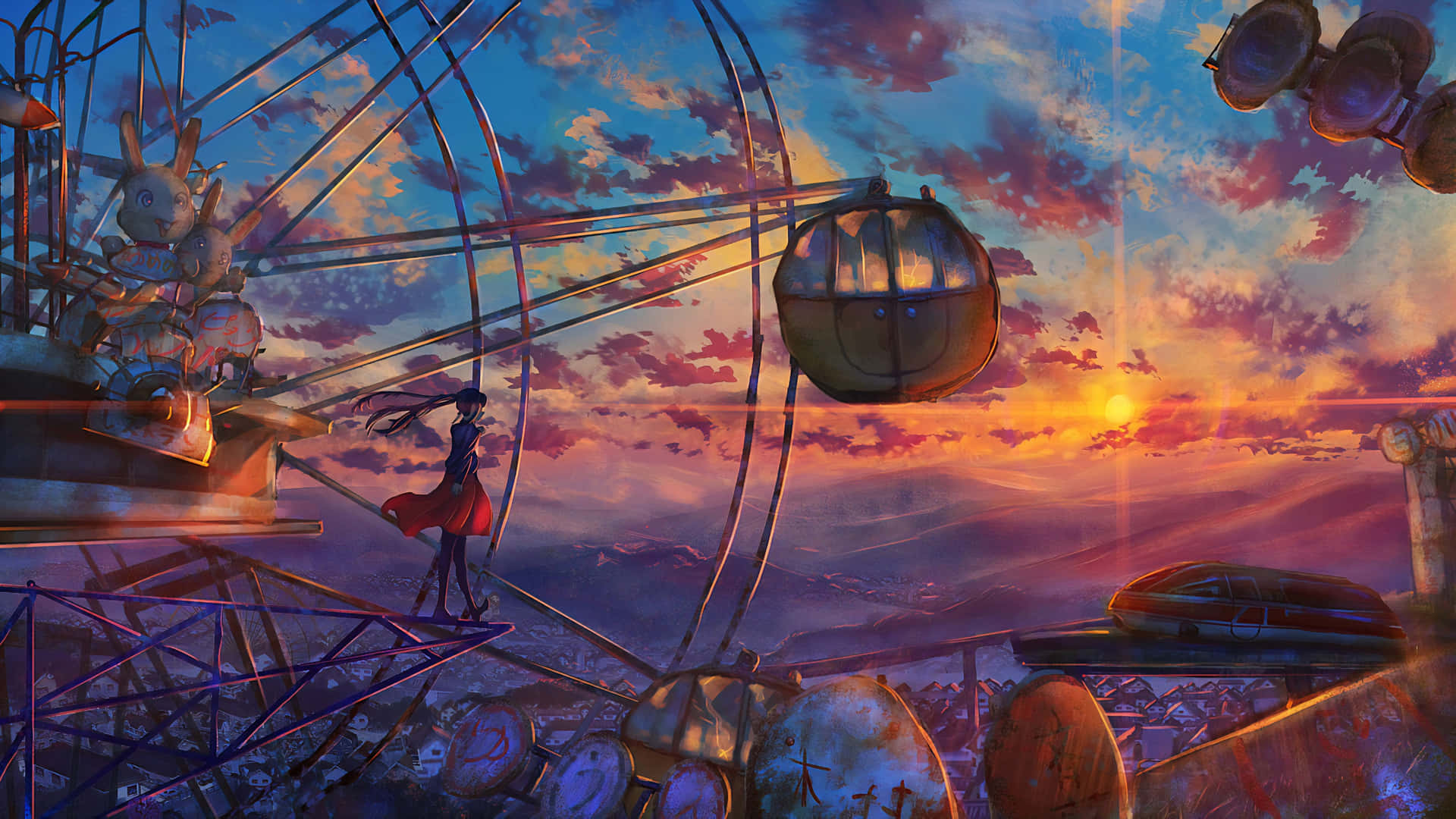 Ferris Wheel On Sunset 4K Painting Wallpaper