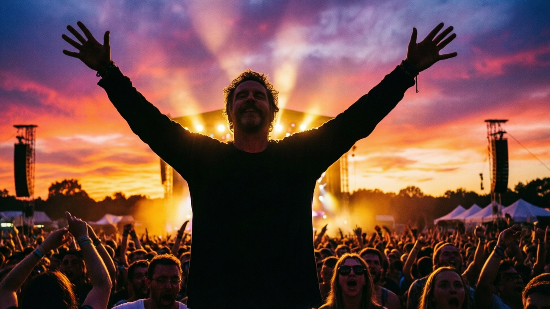 Silhouette of Michael Mayer at a festival with colorful sunset sky