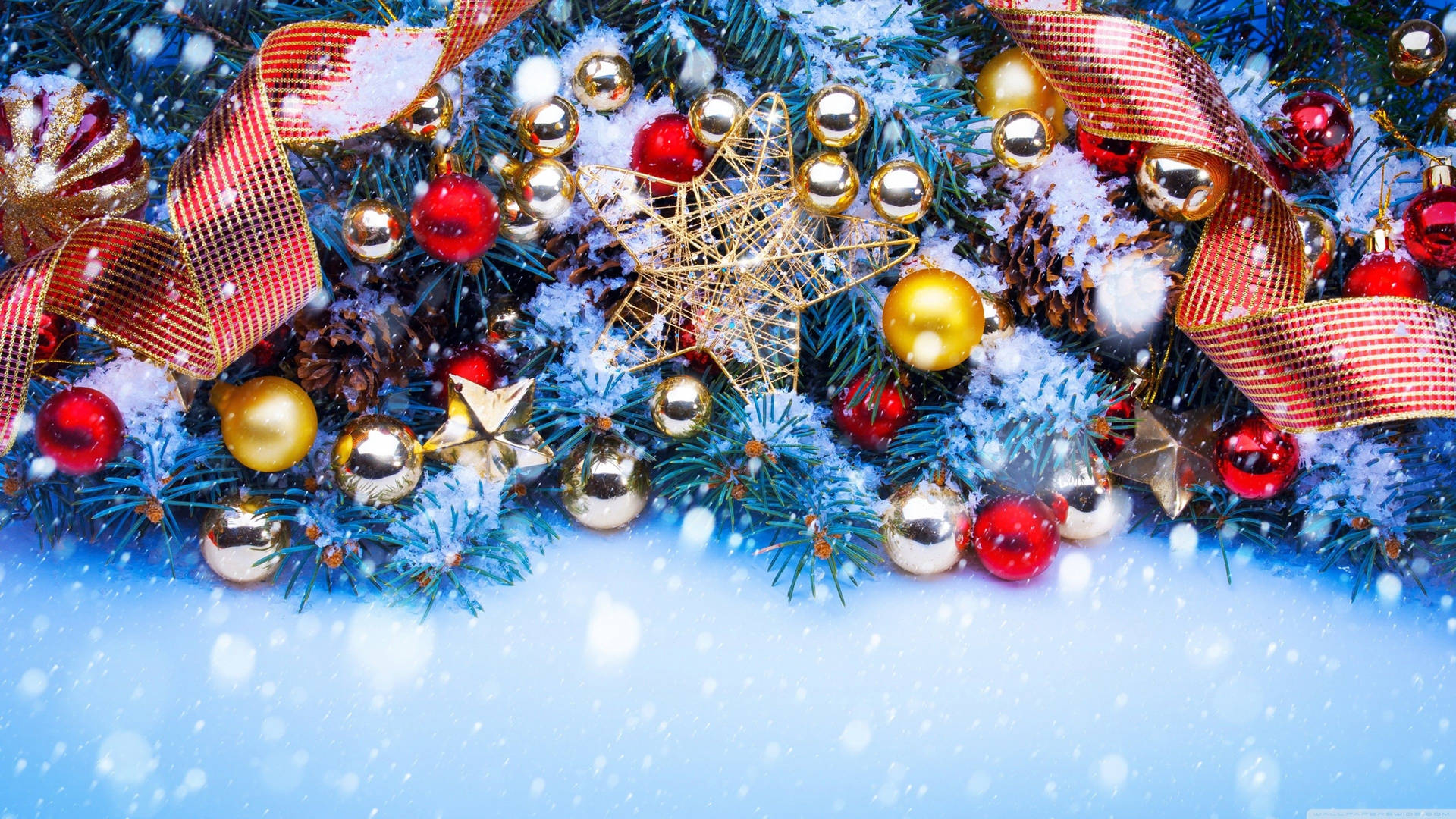 Festive Christmas Balls Decoration With Snow Wallpaper