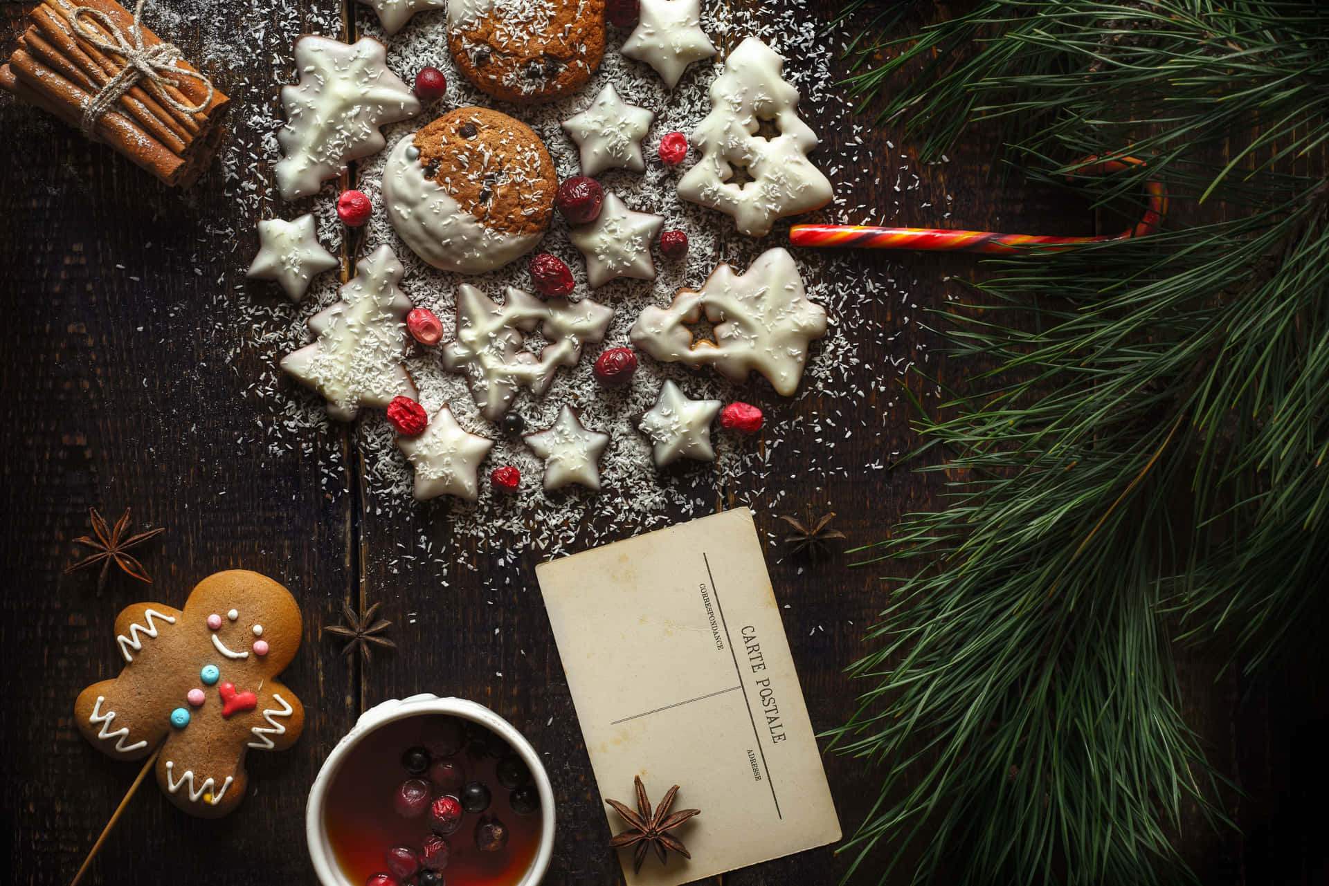Festive Christmas Cookiesand Hot Drink Wallpaper