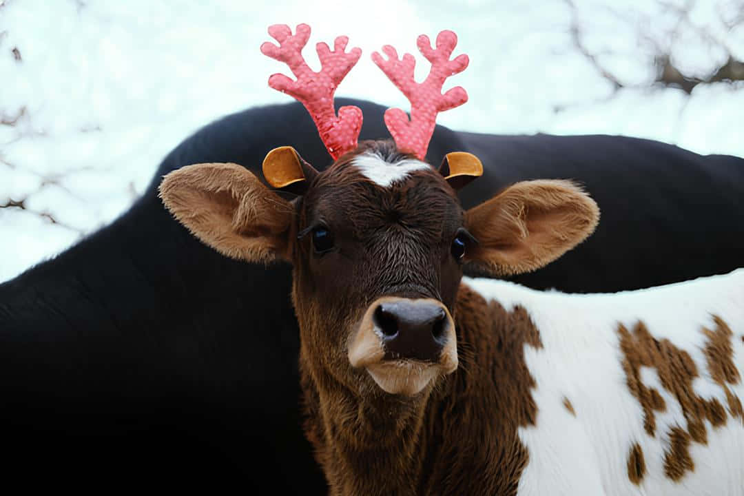 Festive Christmas Cowwith Reindeer Antlers Wallpaper