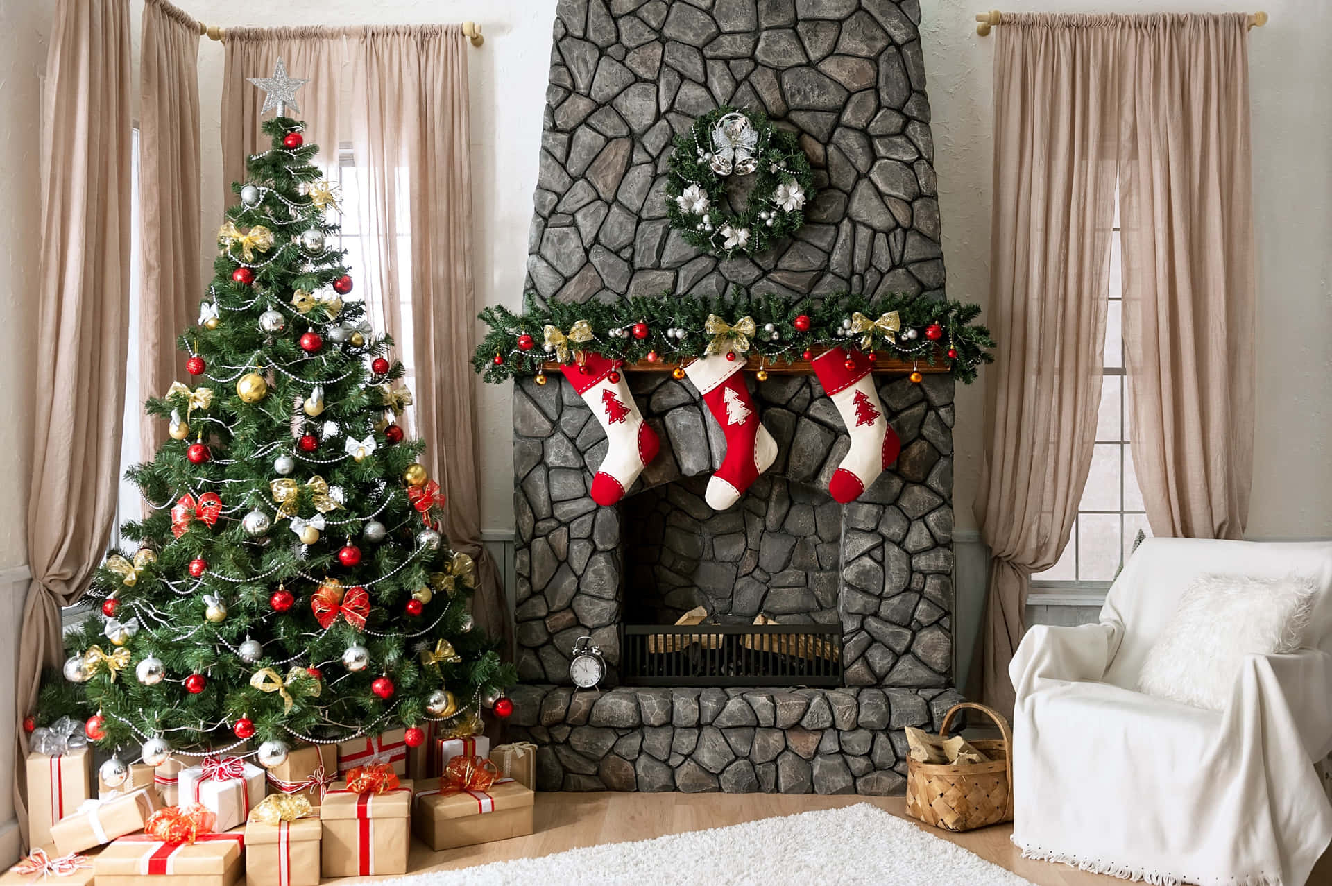 Festive Christmas Living Room Decor Wallpaper