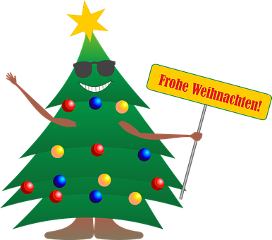 Festive Christmas Tree Character Holding Sign PNG