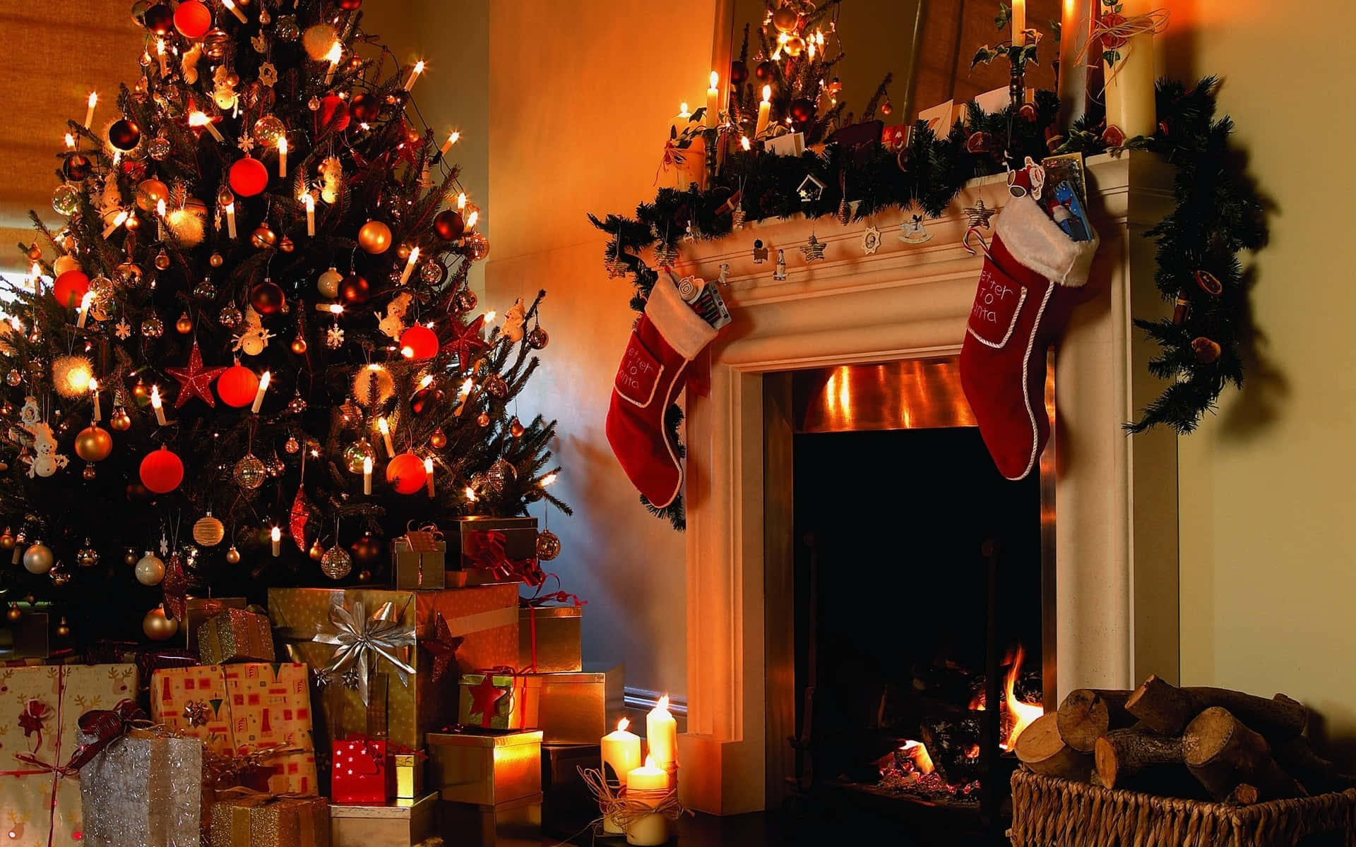 Download Festive Christmas Treeand Fireplace Decor Wallpaper ...