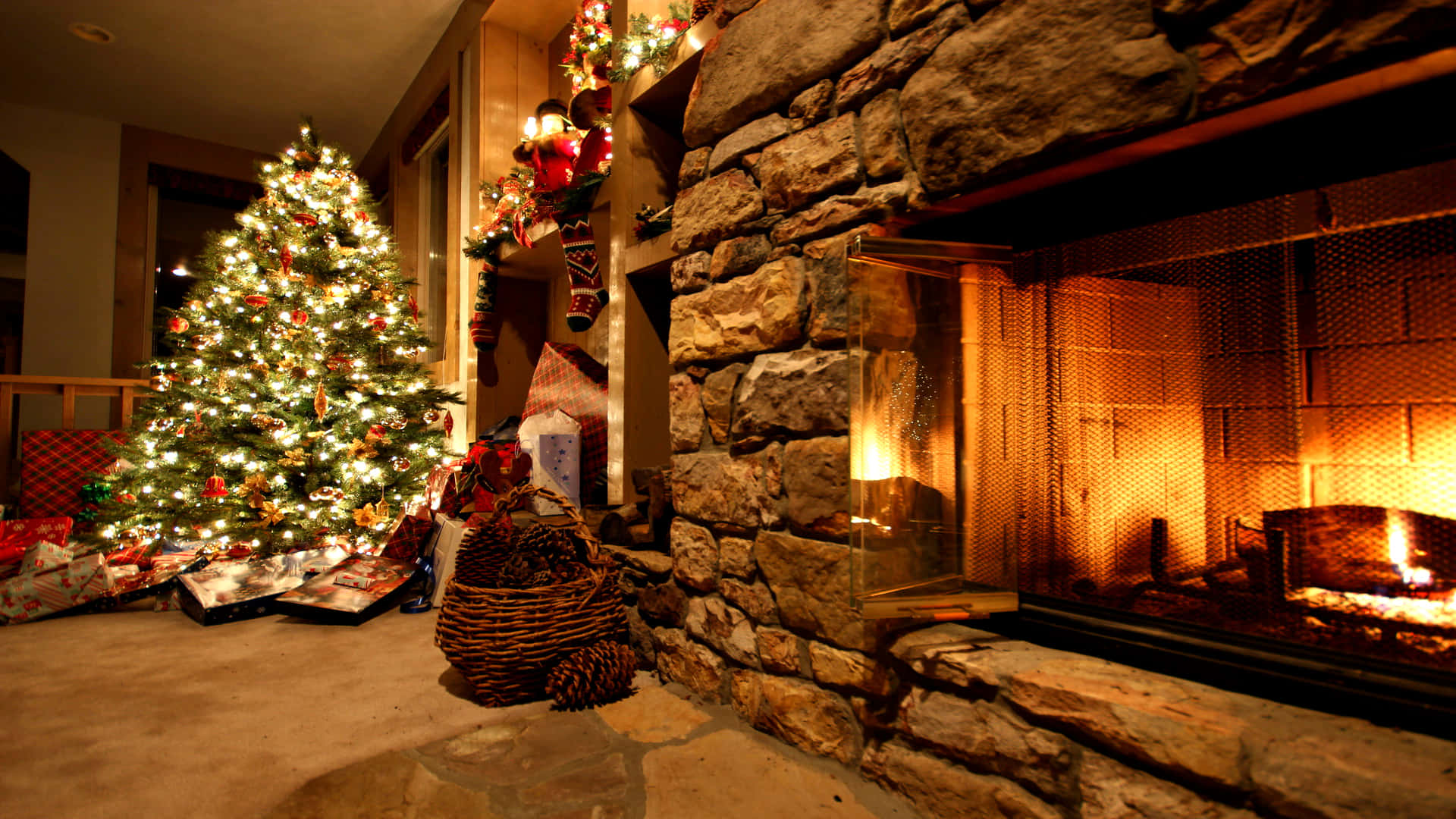 Festive Christmas Treeand Fireplace Scene.jpg Wallpaper