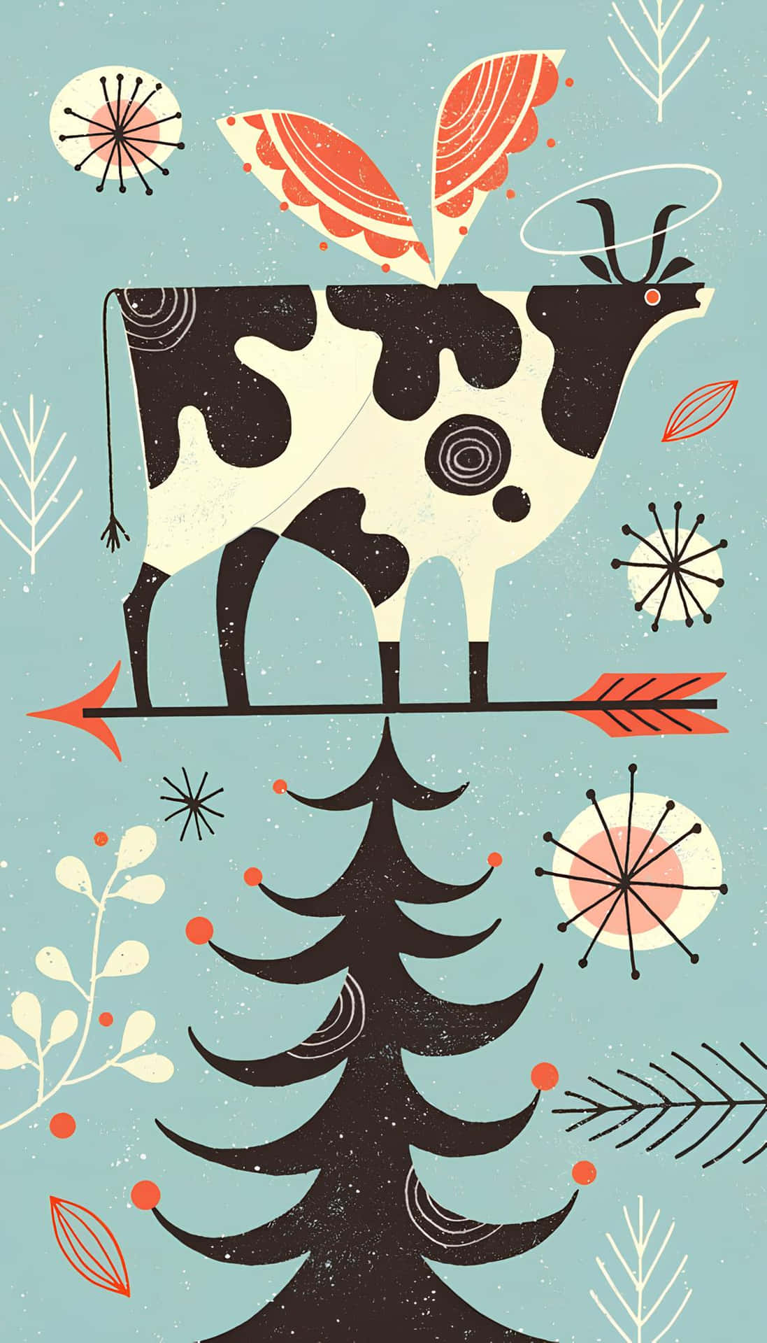 Festive Cow Over Christmas Tree Illustration Wallpaper