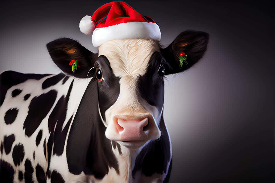 Festive Holiday Cowwith Santa Hat Wallpaper