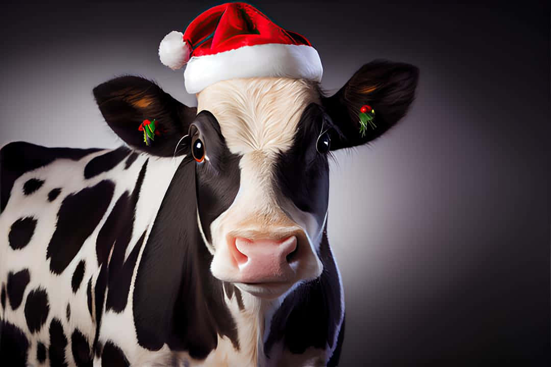 Download Festive Holiday Cowwith Santa Hat Wallpaper | Wallpapers.com