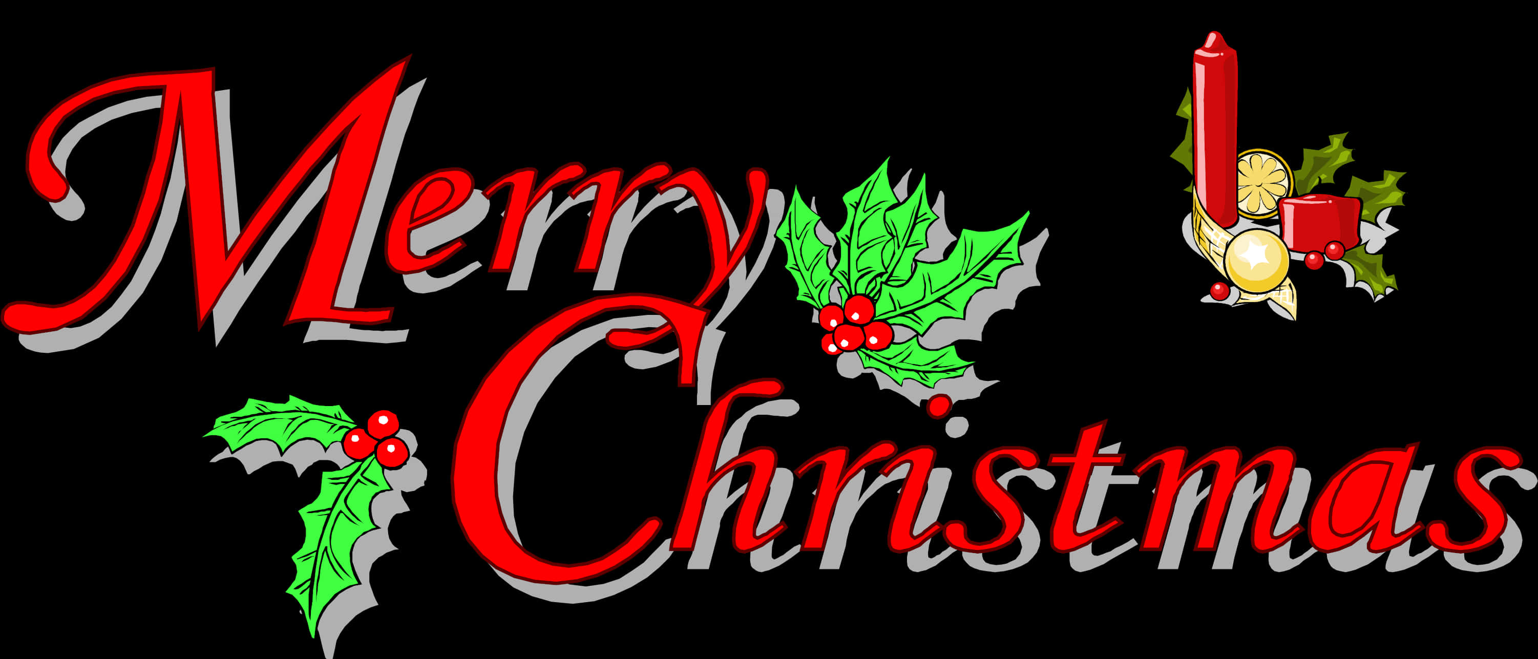 Merry Christmas Red Text Holly Decoration PNG