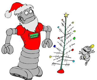 Festive Robots Decorating Christmas PNG