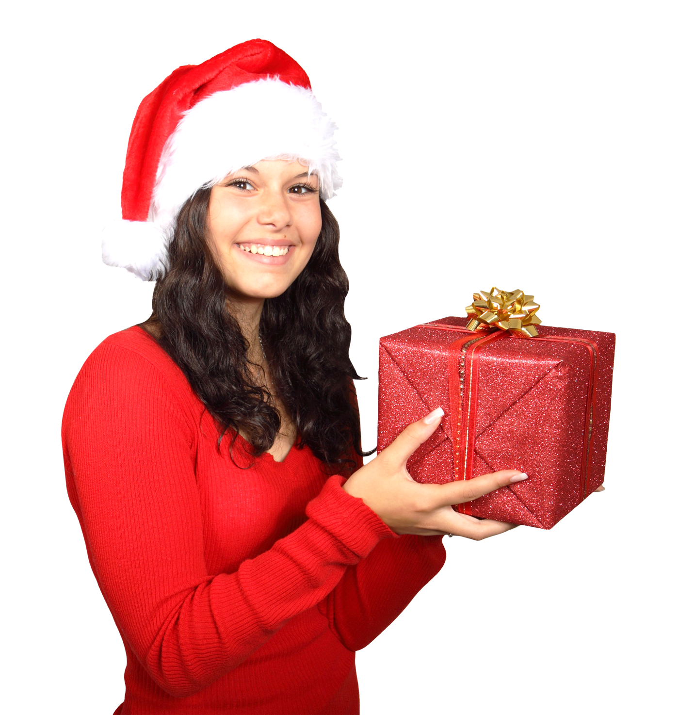 Festive Woman Holding Christmas Gift PNG