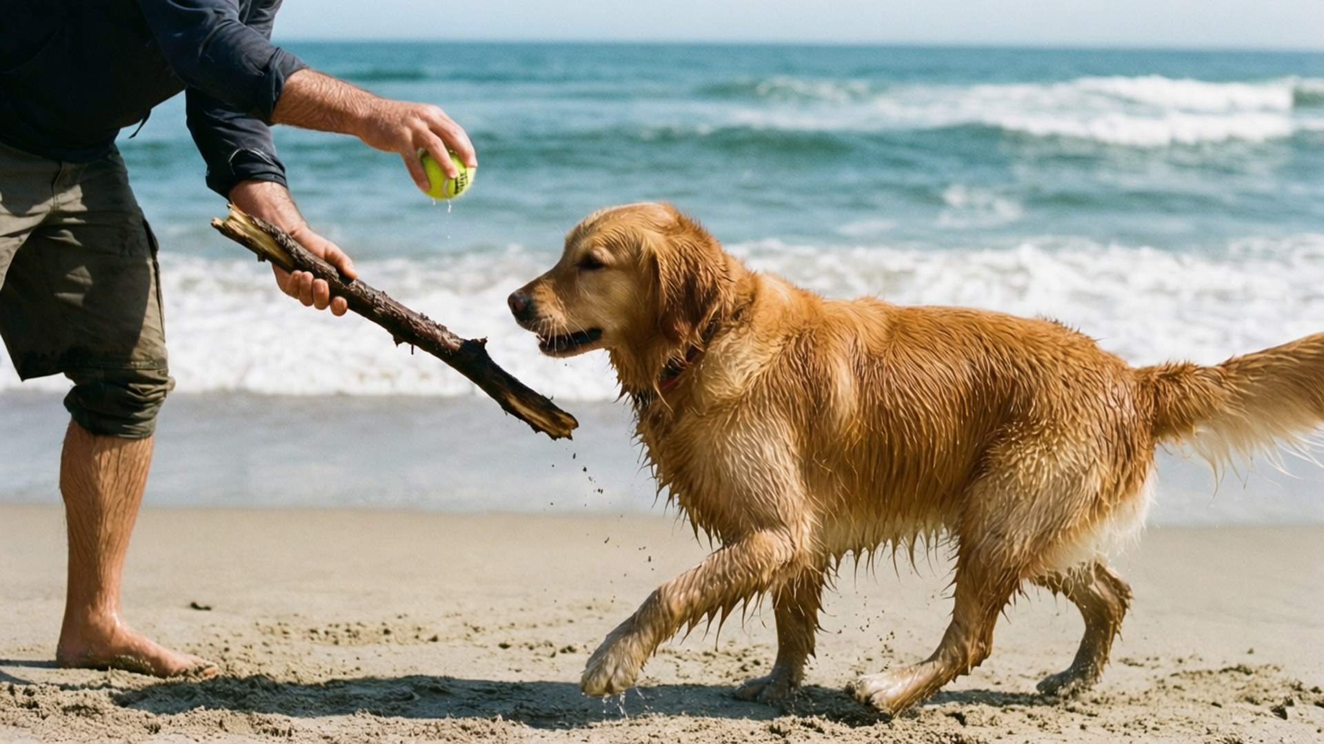 A person trying to get a dog to drop a stick on a beach.