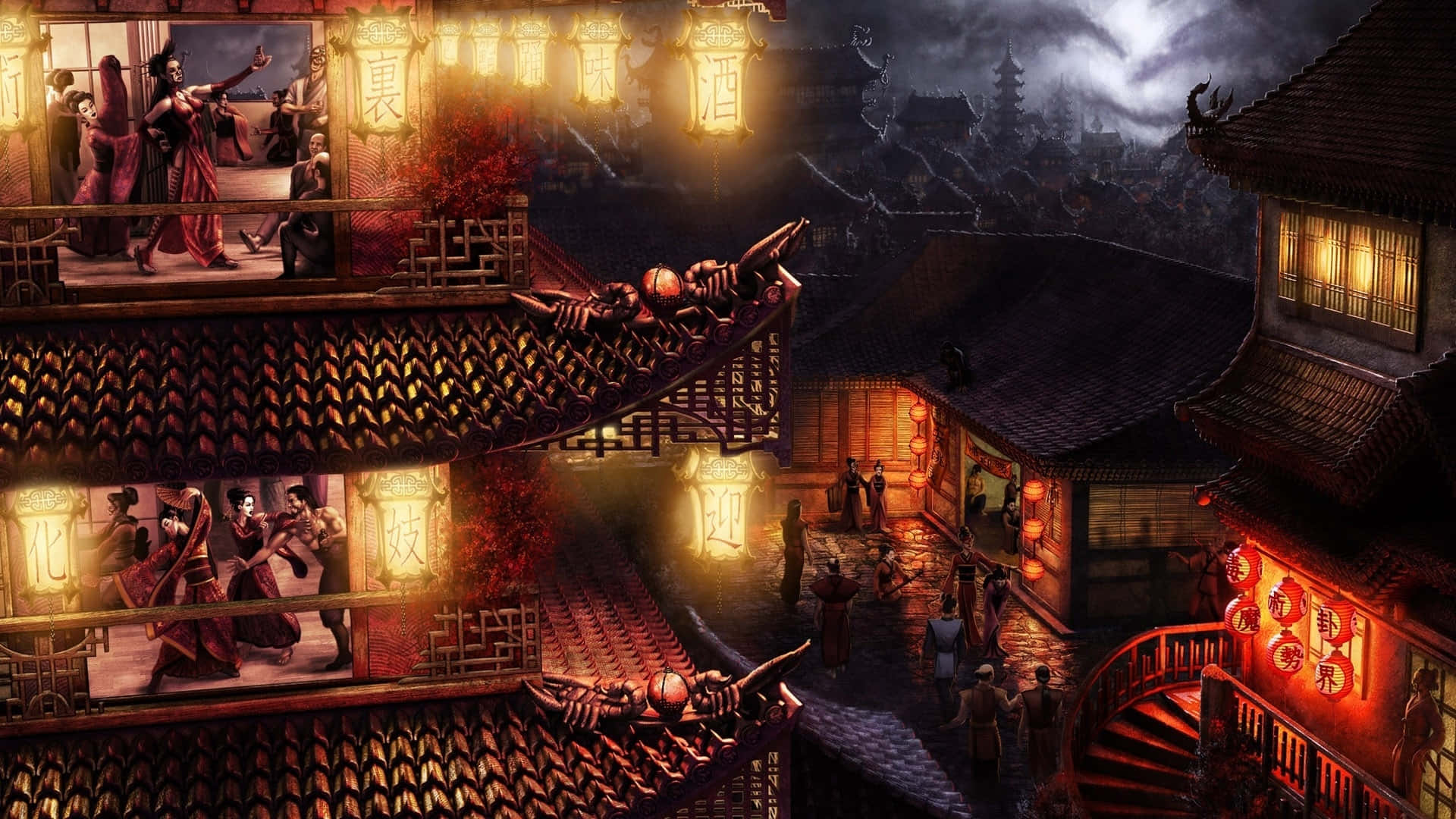 Serene Scene of a Feudal Japanese Village Wallpaper