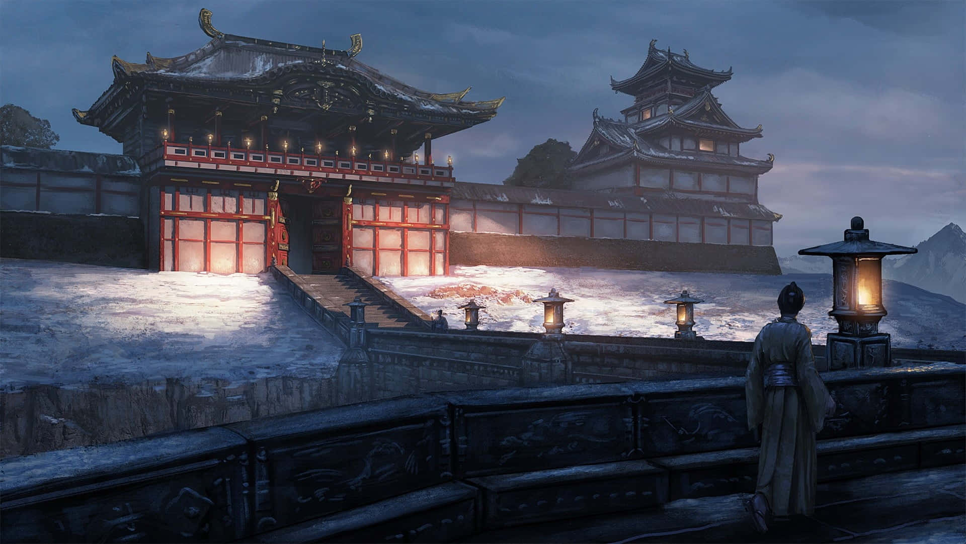 Stunning feudal Japan landscape with traditional torii gate Wallpaper