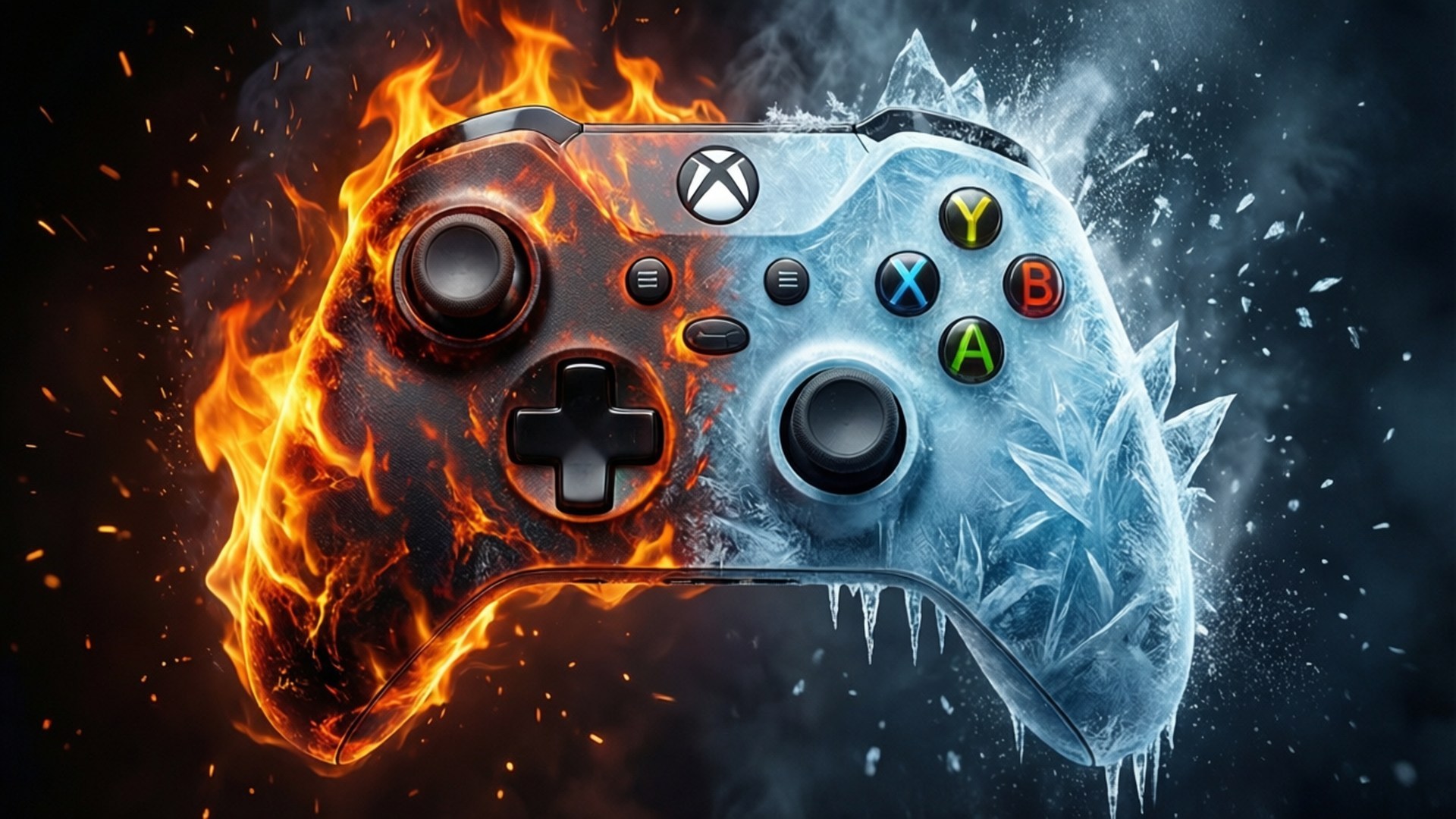 Fire and Ice Controller Wallpaper — A Xbox controller split down the middle with one half engulfed in roaring flames and the other half encased in jagged ice against a dark background.