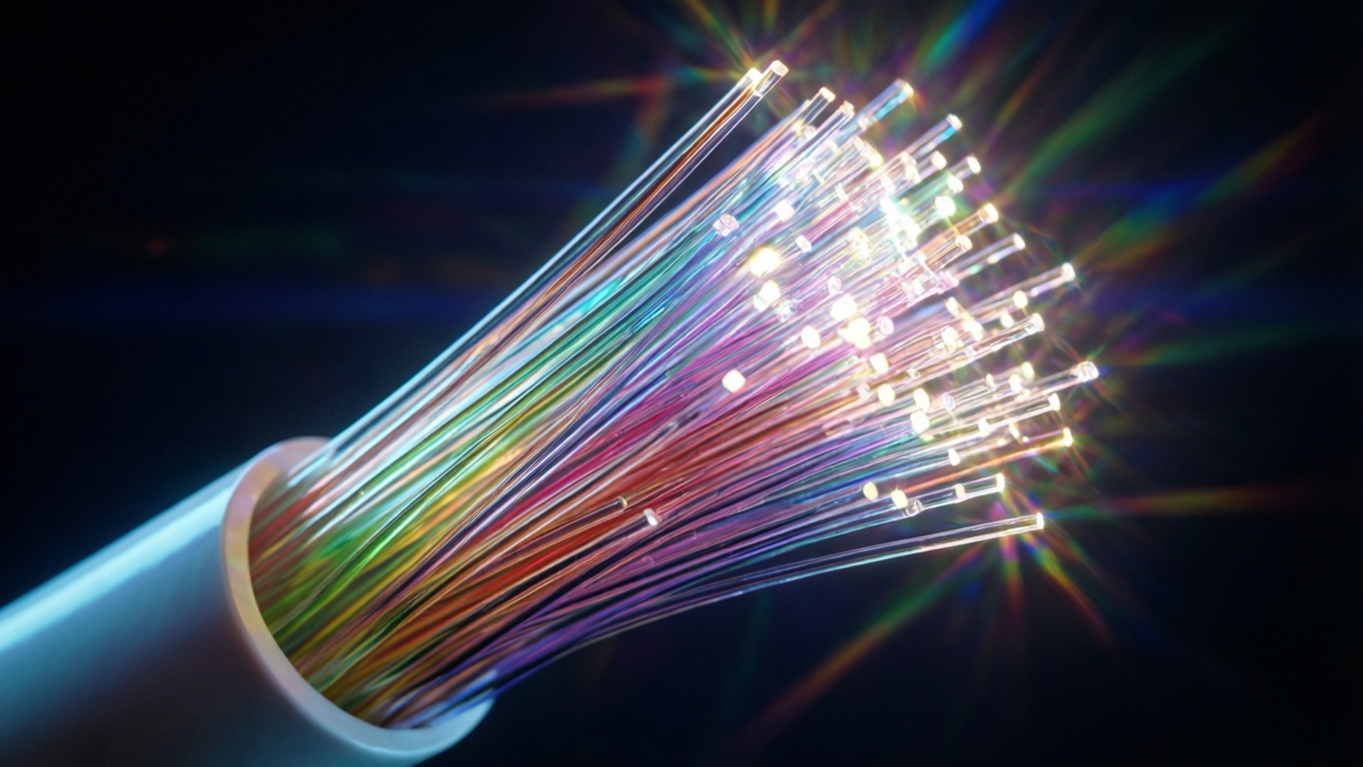Fiber Optic Light Wallpaper — Sekumpulan kabel serat optik yang bersinar meledak dengan cahaya pelangi yang cerah dengan latar belakang gelap.